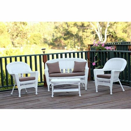 JECO 4 Piece White Wicker Conversation Set - Cocoa Brown Cushions W00206-G-FS007